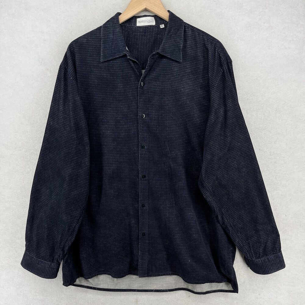 MARIO CALDI Shirt Mens XL Check Print Corduroy Button Up Long Sleeve Blue Italy